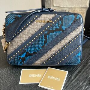 Michael Kors Navy Leather Snake Print Jet Set East West Bag